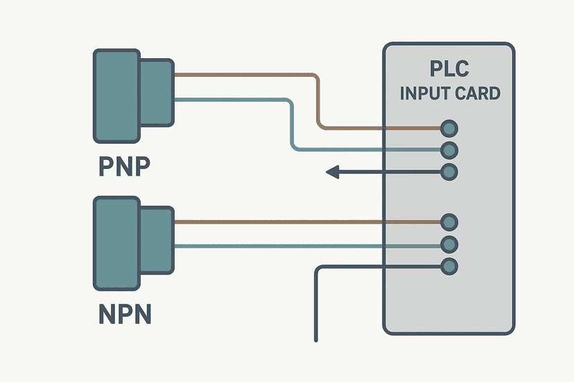 PNP and NPN 3-wire sensor wiring diagram to PLC input terminals