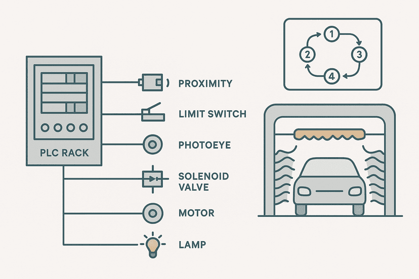 Car wash PLC ladder logic exercise diagram showing sensor inputs, state machine, and output devices