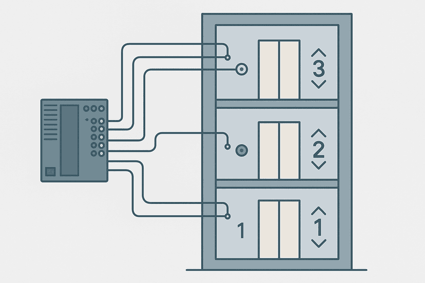 PLC elevator logic exercise diagram showing 3-floor shaft wired to a PLC rack with ladder logic rungs