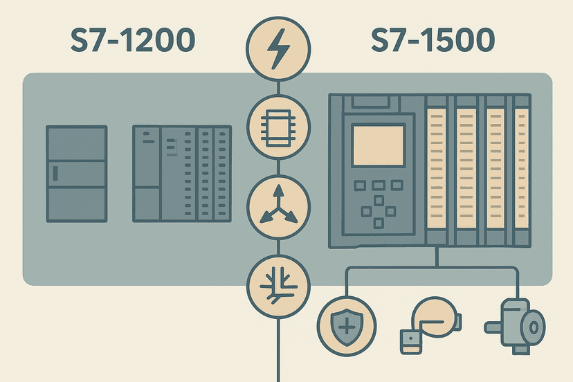 Flat vector comparison diagram of a Siemens S7-1200 compact PLC on the left and an S7-1500 modular PLC on the right with performance callout badges