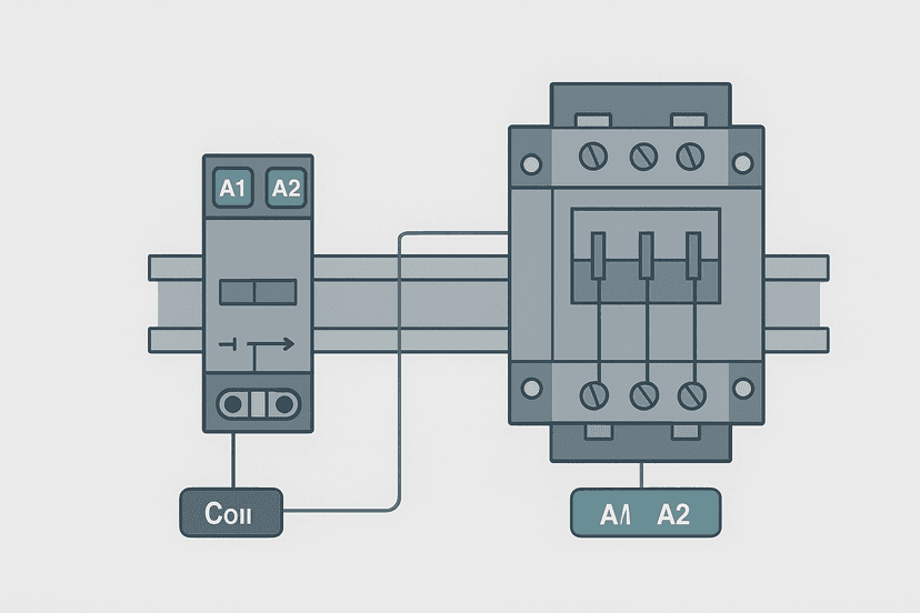 Flat vector diagram comparing a small control relay and a 3-phase contactor side by side on a DIN rail, with coil terminals and auxiliary contacts labeled
