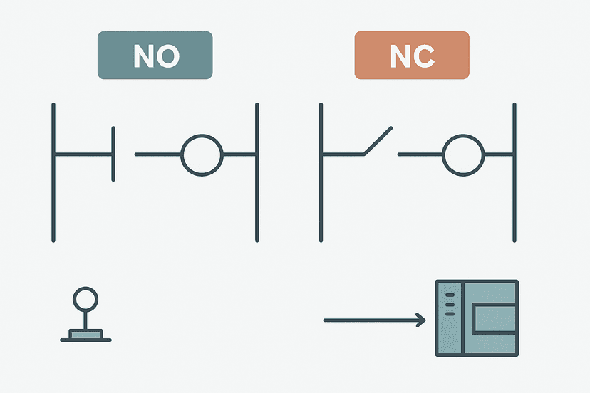 Flat vector diagram comparing normally open and normally closed contact symbols in PLC ladder logic rungs