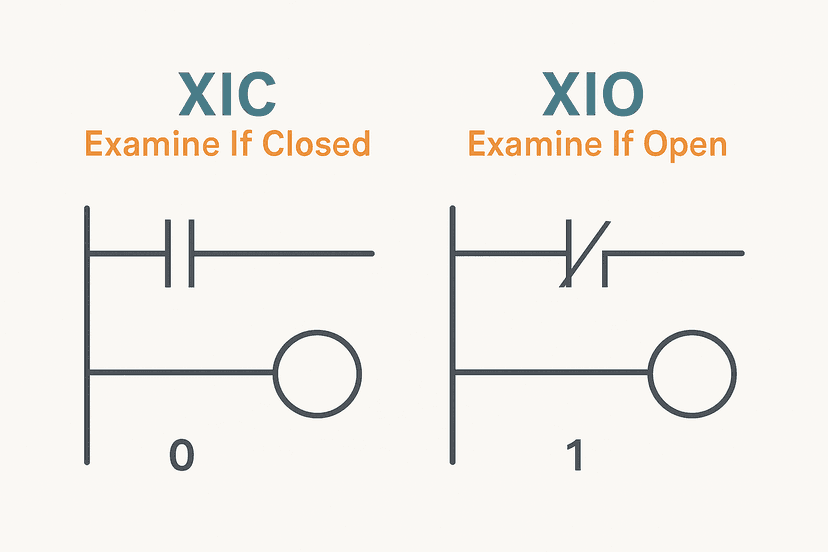 Flat vector diagram comparing XIC and XIO ladder logic contact symbols with bit-state labels showing how each instruction evaluates its tag