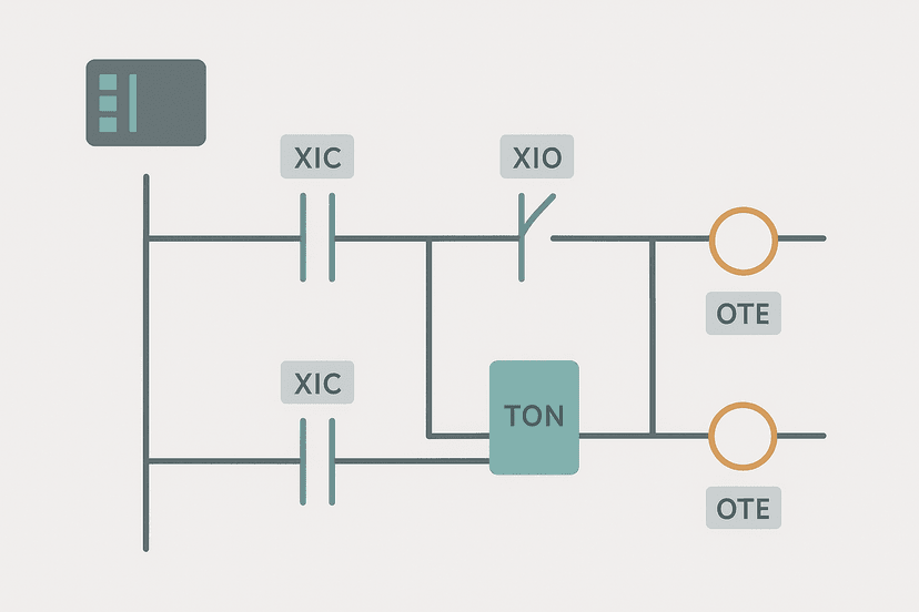Flat vector diagram of a ladder logic rung showing XIC and XIO contacts connected to an OTE output coil with a TON timer block, representing ladder logic interview questions