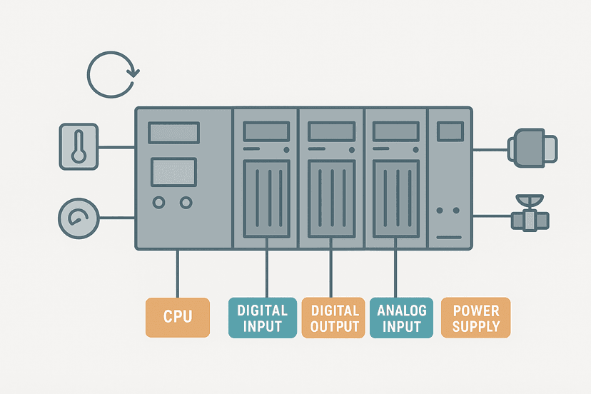 Flat vector diagram of a PLC controller rack showing CPU, I/O modules, power supply, and connections to sensors and actuators representing a complete PLC system