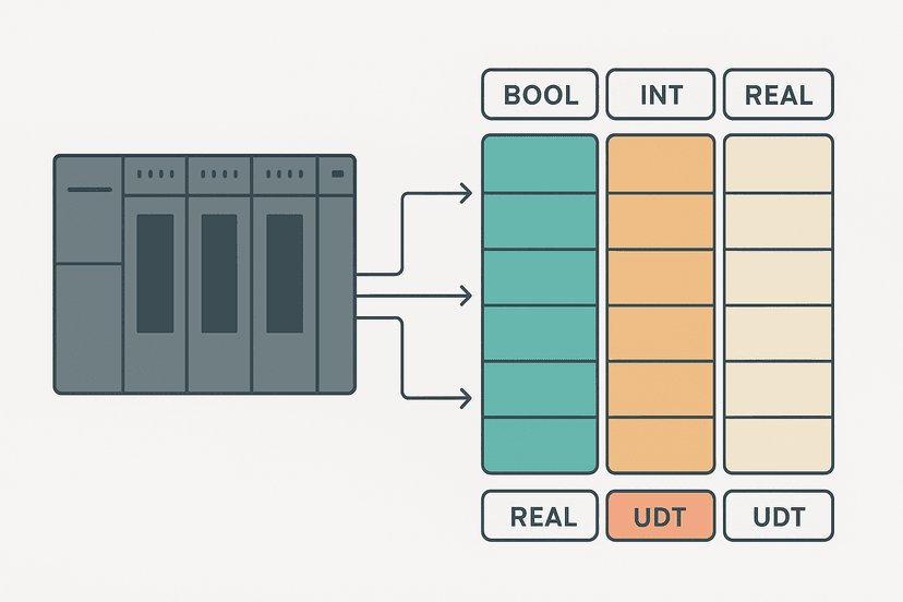 Flat vector diagram of a PLC rack with a colour-coded memory map showing BOOL, INT, DINT and REAL data type cells