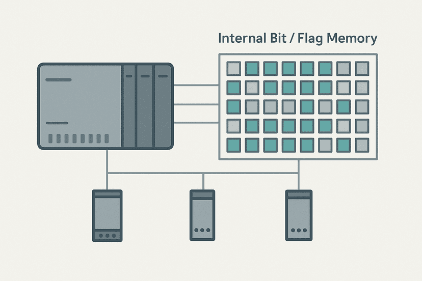 Flat vector diagram of a PLC rack with internal bit memory cells highlighted in teal and grey showing how internal flags connect input and output logic rungs