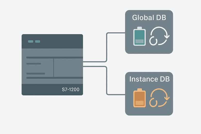 Flat vector diagram of a Siemens S7-1200 PLC with global and instance data block icons showing retentive memory and re-initialization arrows in teal and amber
