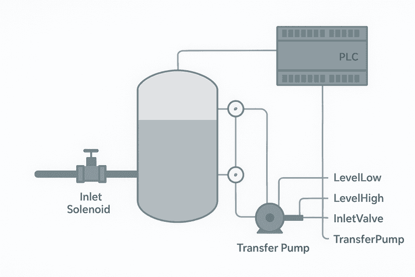Flat vector diagram of a tank fill control system showing level sensors, inlet valve, transfer pump, and connections to a PLC I/O rack for a ladder logic exercise