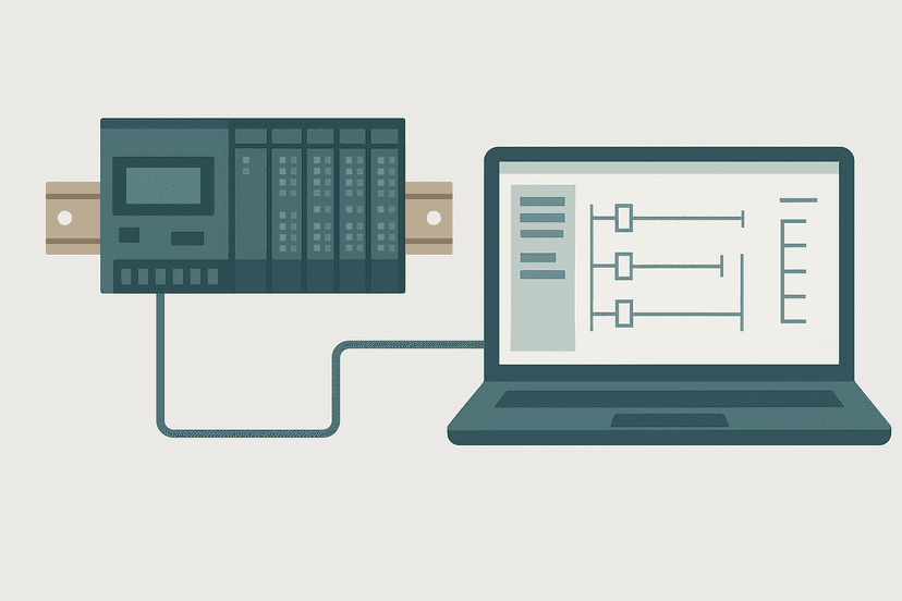 Flat vector diagram of an Omron NJ PLC rack connected to a laptop running Sysmac Studio ladder logic editor with I/O configuration panels open