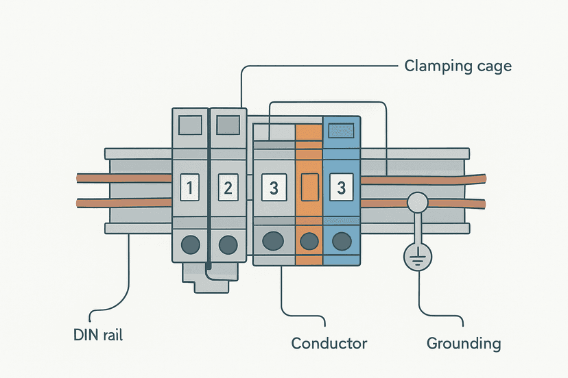 Flat vector diagram of DIN rail terminal blocks showing conductor entry points, jumper bar, label tags and grounding terminal on a 35mm rail