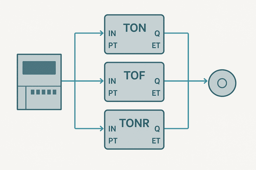 Flat vector diagram of S7-1200 TON TOF and TONR IEC timer function blocks connected to a PLC CPU icon