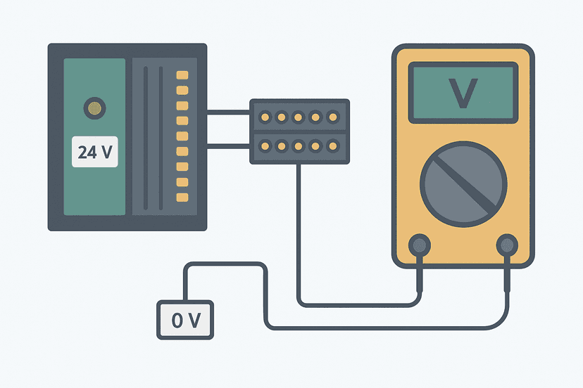 Flat vector diagram showing a PLC digital input module connected to a terminal block with a multimeter probing the input terminals to test a PLC input signal