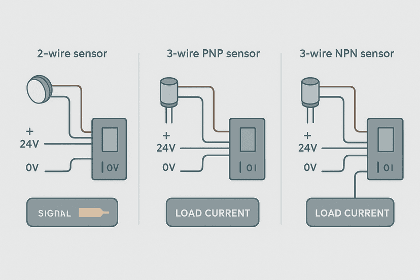 Flat vector diagram showing PNP and NPN proximity sensor wiring connections to a PLC input module with labeled wire colors and current flow arrows
