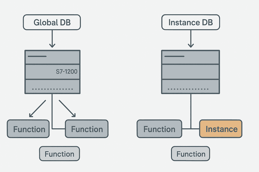 Flat vector diagram showing S7-1200 Global DB shared across multiple function blocks versus an Instance DB attached to a single function block in TIA Portal