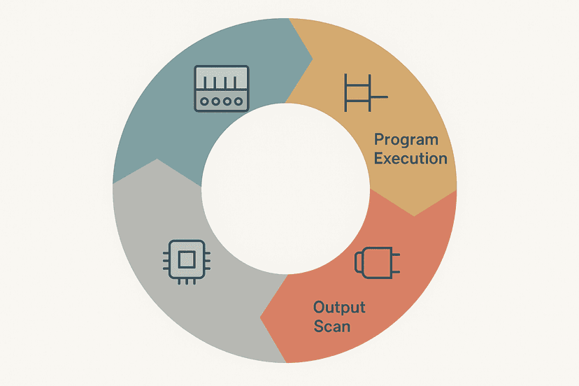Flat vector infographic of the PLC scan cycle showing four phases arranged in a circle: input scan, program execution, output scan, and housekeeping with connecting arrows