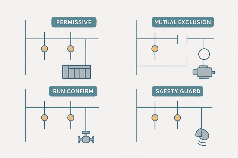 Flat vector infographic showing four ladder logic interlock rung patterns for PLC programming, including permissive, mutual exclusion, run confirm and safety guard circuits