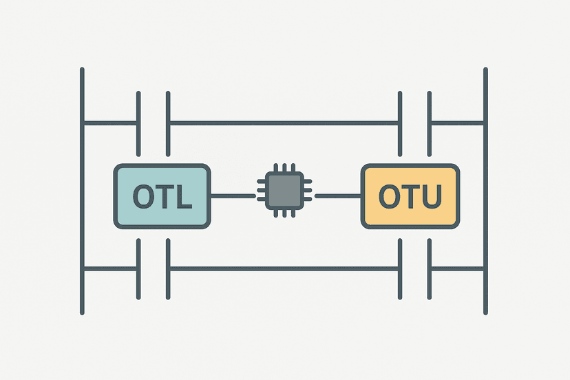 Flat vector ladder logic diagram showing OTL latch coil and OTU unlatch coil rungs with a shared retentive bit and memory icon