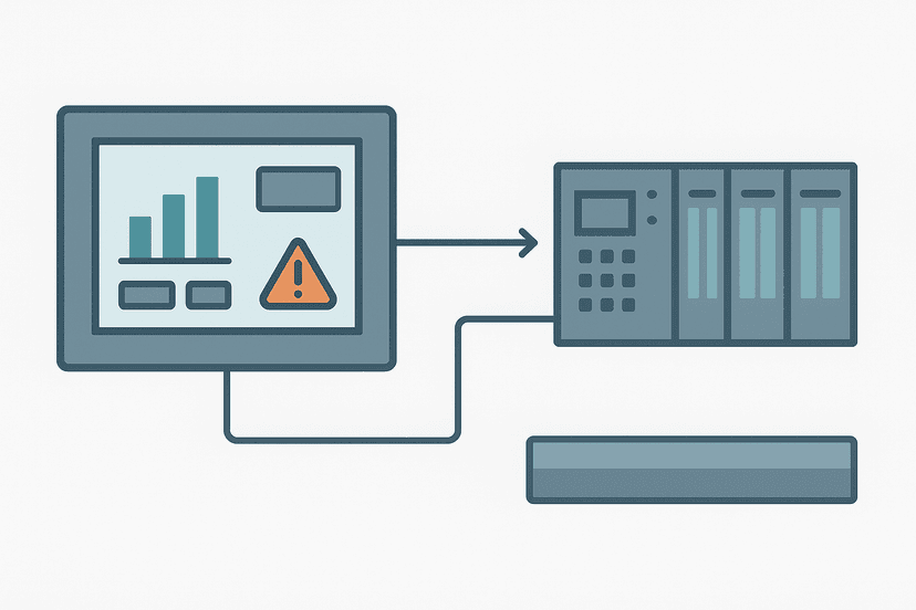 HMI programming in TIA Portal showing screen layouts connected to PLC tags with alarm indicators
