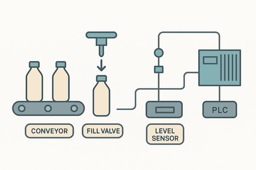 PLC bottle filling machine project diagram showing conveyor, fill valve, sensors and PLC rack in flat vector style