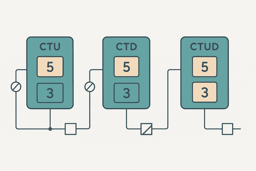 CTU CTD and CTUD PLC counter instructions diagram showing preset and accumulated count values