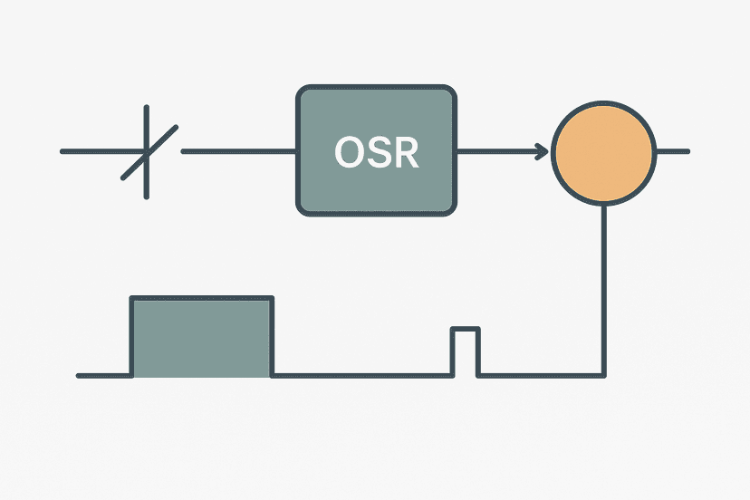 PLC ladder logic rung showing an OSR one-shot rising instruction converting a sustained input signal into a single-scan output pulse