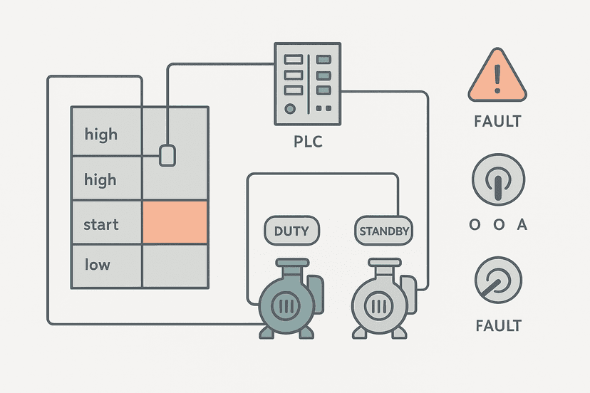 PLC pump station ladder logic exercise diagram showing two pumps, level switches, duty/standby alternation and fault detection