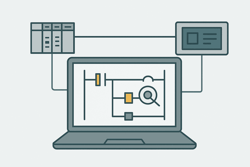 PLC online monitoring troubleshooting showing live ladder rung status on a laptop connected to a PLC rack