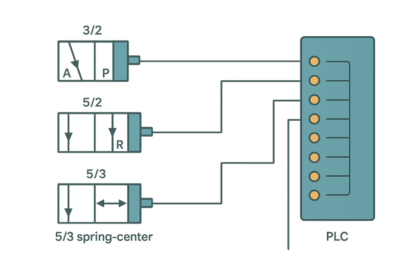 Pneumatic solenoid valve types connected to PLC output terminals, flat vector diagram