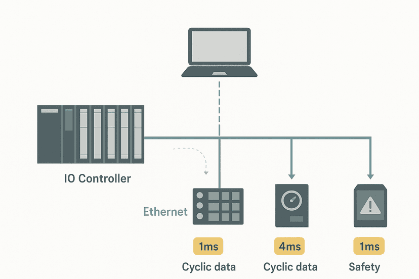 PROFINET IO Controller Device network diagram showing cyclic data flow and Application Relations