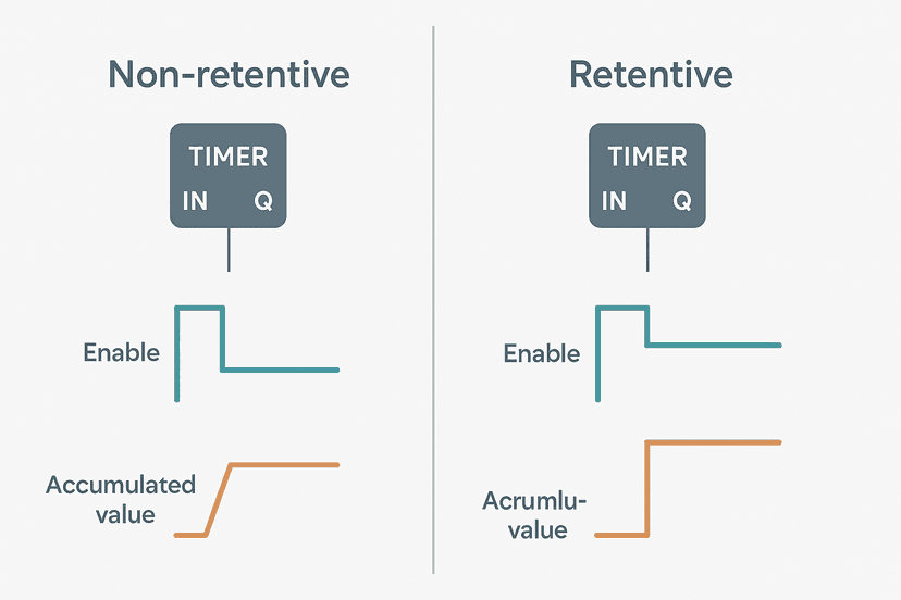 Side-by-side timing diagram comparing a retentive PLC timer that holds its accumulated value versus a non-retentive timer that resets to zero when the enable signal drops