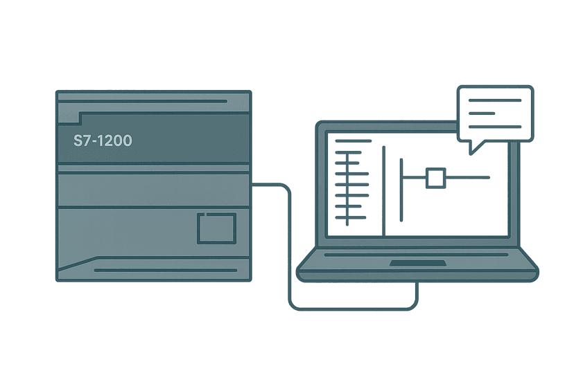 S7-1200 PLC connected to TIA Portal laptop showing first program setup