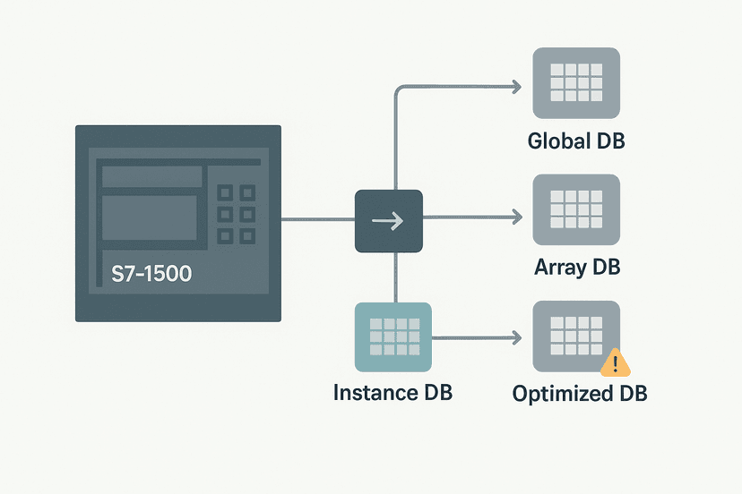TIA Portal data block types diagram showing Global DB, Instance DB, Array DB and optimized access on S7-1500
