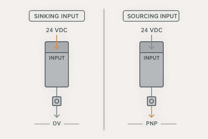 Sinking vs sourcing PLC input wiring diagram showing NPN and PNP sensor connections