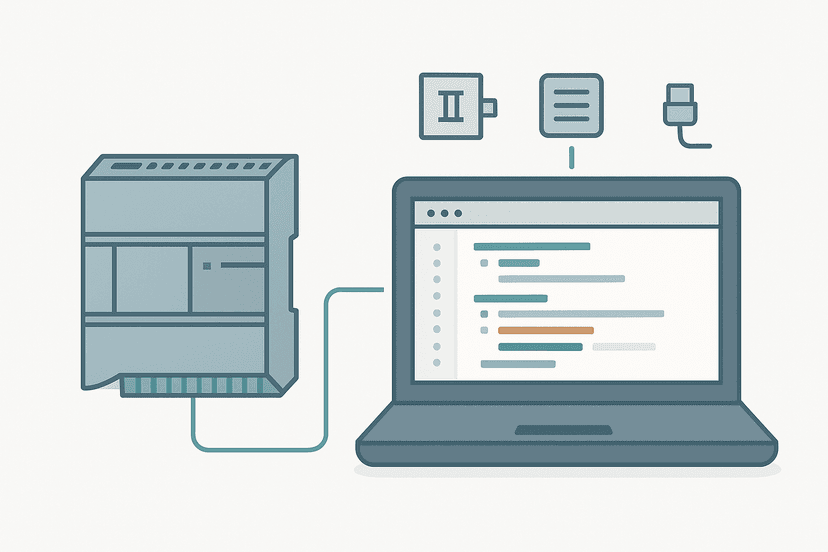 S7-1200 PLC connected to a TIA Portal structured text SCL editor on a laptop, flat vector diagram