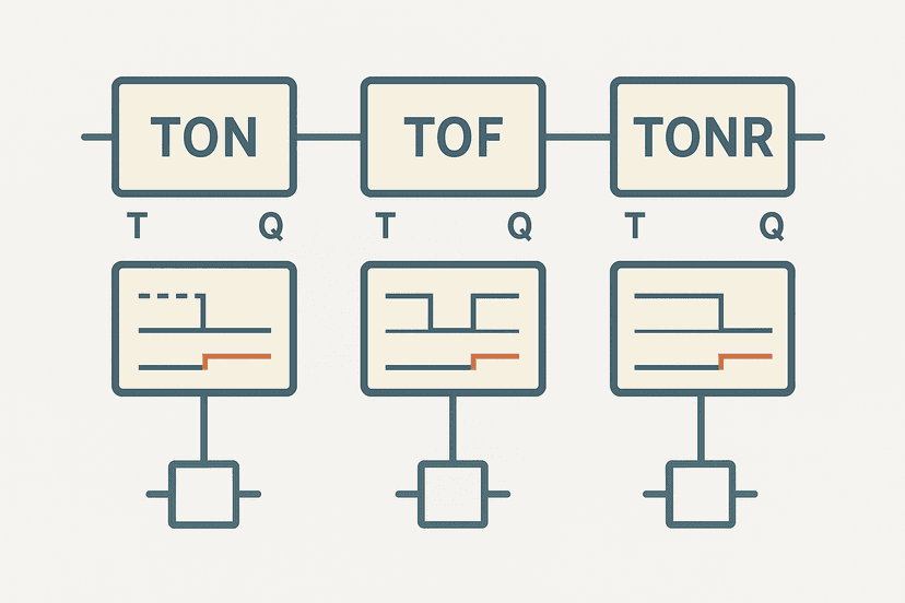 TON TOF TONR PLC timer comparison diagram showing input and output timing waveforms