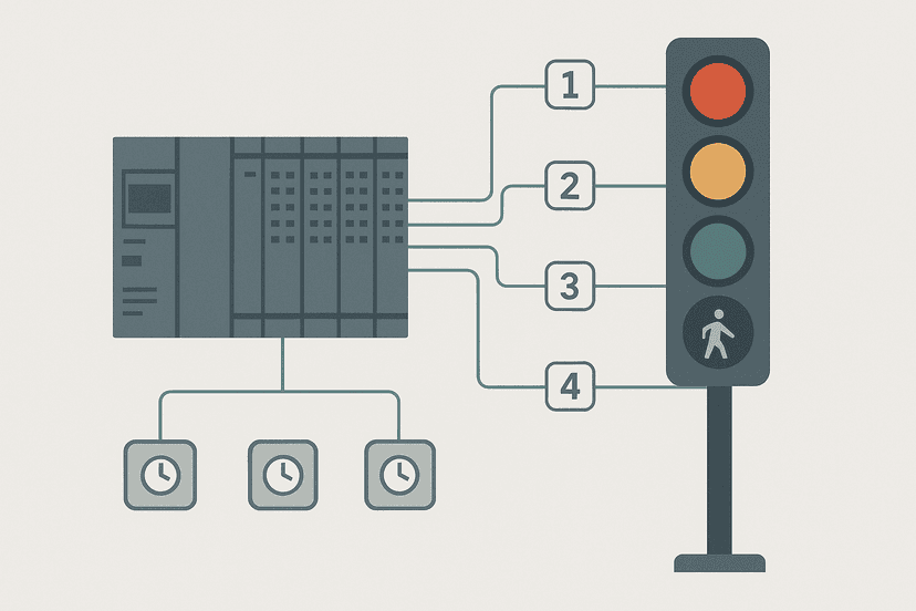 Traffic light PLC exercise ladder logic diagram showing four-phase timer sequencer