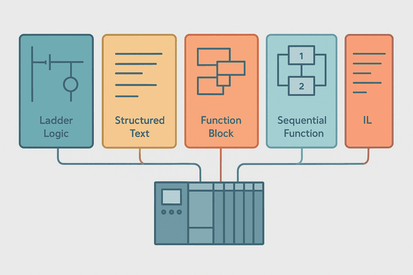 Five types of PLC programming languages shown as flat vector icons representing IEC 61131-3 standard